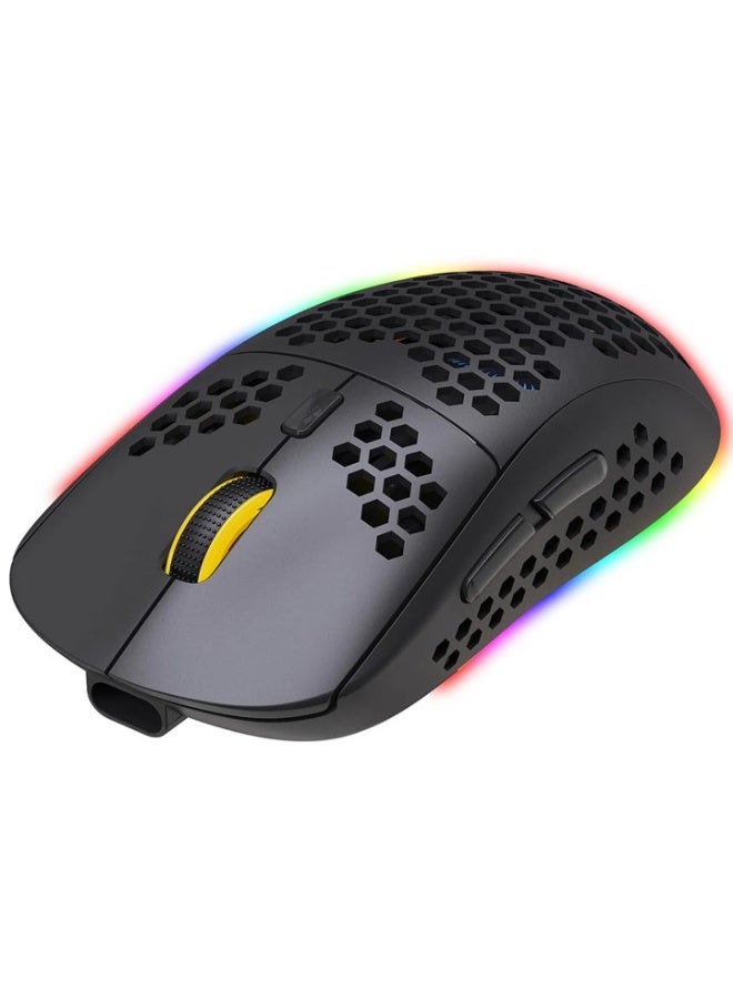 ماوس لاسلكي HXSJ T90 بثلاثة أوضاع، يدعم تقنيات بلوتوث 3.0 و 5.0 و 2.4 جيجاهرتز، قابل للشحن، مزود بإضاءة RGB وقابلية تعديل حساسية DPI، لون أسود. - Image 1