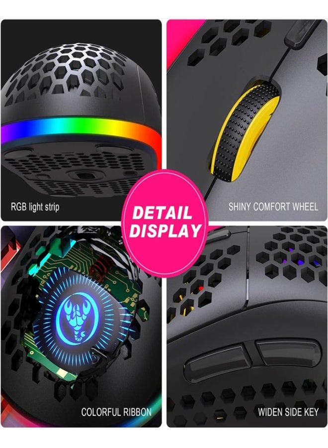 ماوس لاسلكي HXSJ T90 بثلاثة أوضاع، يدعم تقنيات بلوتوث 3.0 و 5.0 و 2.4 جيجاهرتز، قابل للشحن، مزود بإضاءة RGB وقابلية تعديل حساسية DPI، لون أسود. - Image 4