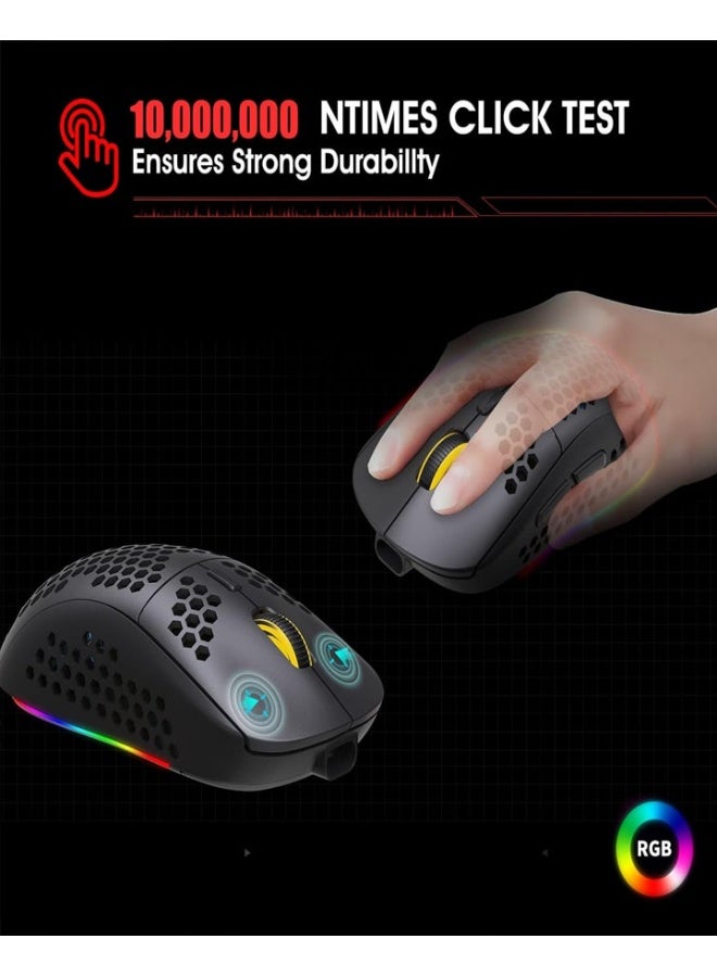 ماوس لاسلكي HXSJ T90 بثلاثة أوضاع، يدعم تقنيات بلوتوث 3.0 و 5.0 و 2.4 جيجاهرتز، قابل للشحن، مزود بإضاءة RGB وقابلية تعديل حساسية DPI، لون أسود. - Image 3