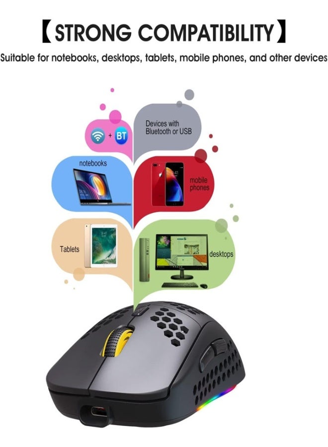 ماوس لاسلكي HXSJ T90 بثلاثة أوضاع، يدعم تقنيات بلوتوث 3.0 و 5.0 و 2.4 جيجاهرتز، قابل للشحن، مزود بإضاءة RGB وقابلية تعديل حساسية DPI، لون أسود. - Image 5