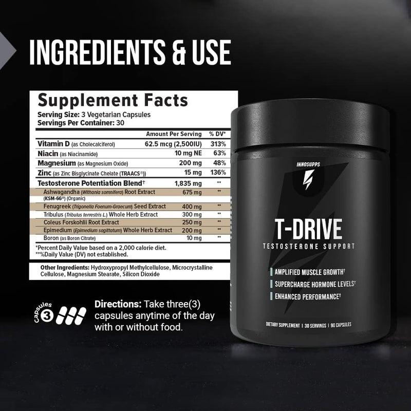 InnoSupps  TDrive  Testosterone Booster  Amplify Muscle Growth  KSM66 Ashwagandha Boron Fenugreek  90 Capsules - Image 4