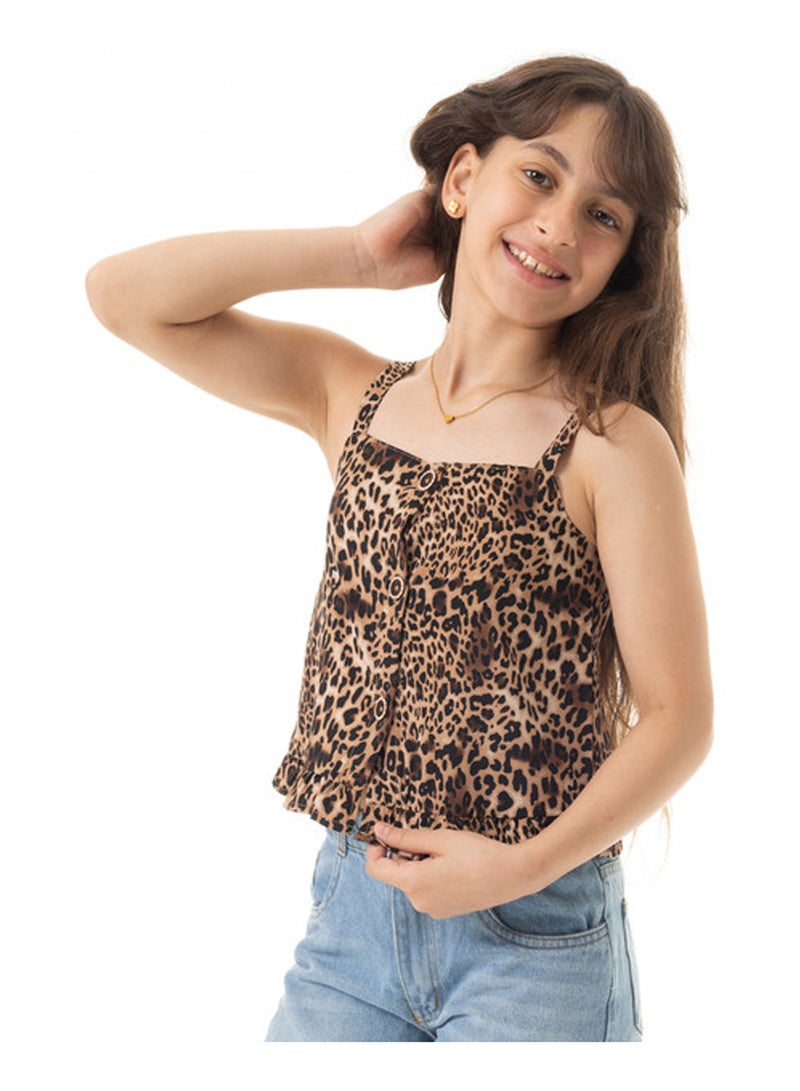 Andora Leopard Pattern Sleeveless Ruffle Edge Girls Blouse - Beige & Black - Image 3