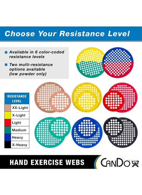 Cando Hand Exercise Webs For Physical Therapy, Grip Strengthening, And Hand, Finger, Wrist Resistance Workouts, Portable Size, Low Powder, 14" Diameter, Multi-Resistance: Light/Heavy