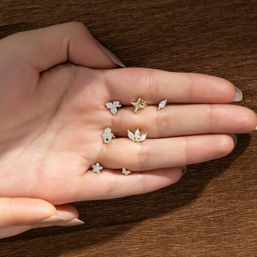 Aaishwarya SMALL 14K Plated 4 Leaf Zircon Flatback Studs | Earrings for Women and Girls | Minimal Multi Piercing Stud | With Screw Back | Lightweight Everyday | Water-Resistant Anti-Tarnish Jewels - Image 5