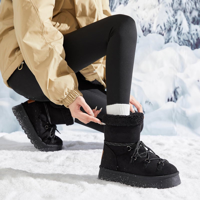 TUOPIN Women's Classic Platform Mini Snow Boots - Faux Suede Slip-On & Lace-Up Winter Booties with Sherpa Lining, Anti-Slip Thick Sole Ankle Boots - Black.US8.5 - Image 2