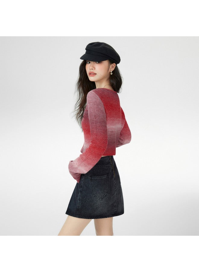 EPTISON Gradient Knit Cardigan Women Autumn Sweet & Spicy Style Vintage Double-Headed Zipper Design Cropped Top - Image 5