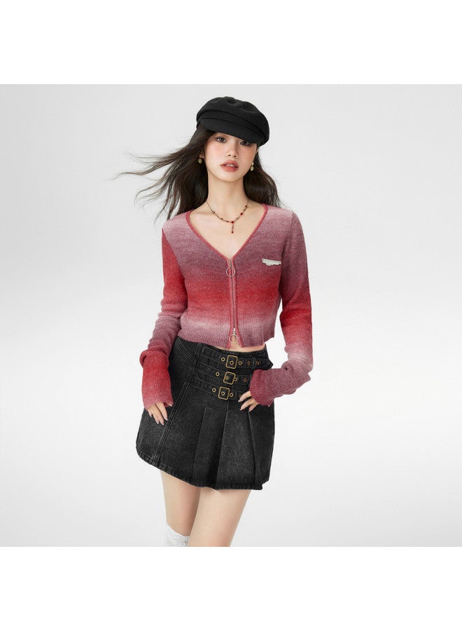 EPTISON Gradient Knit Cardigan Women Autumn Sweet & Spicy Style Vintage Double-Headed Zipper Design Cropped Top - Image 3