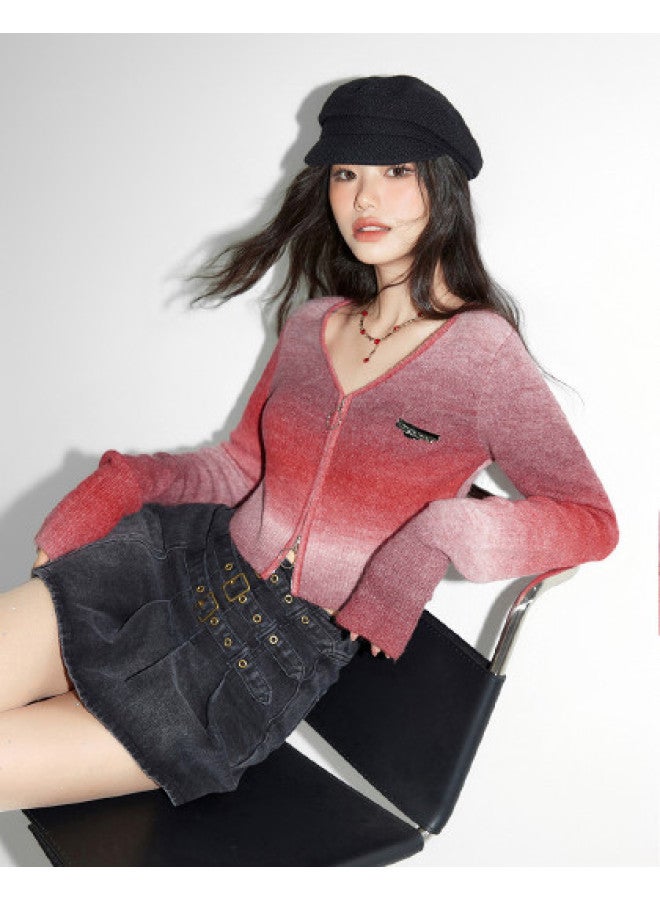 EPTISON Gradient Knit Cardigan Women Autumn Sweet & Spicy Style Vintage Double-Headed Zipper Design Cropped Top - Image 1