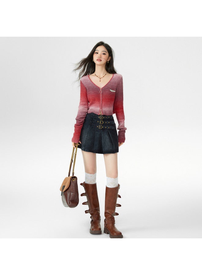 EPTISON Gradient Knit Cardigan Women Autumn Sweet & Spicy Style Vintage Double-Headed Zipper Design Cropped Top - Image 4