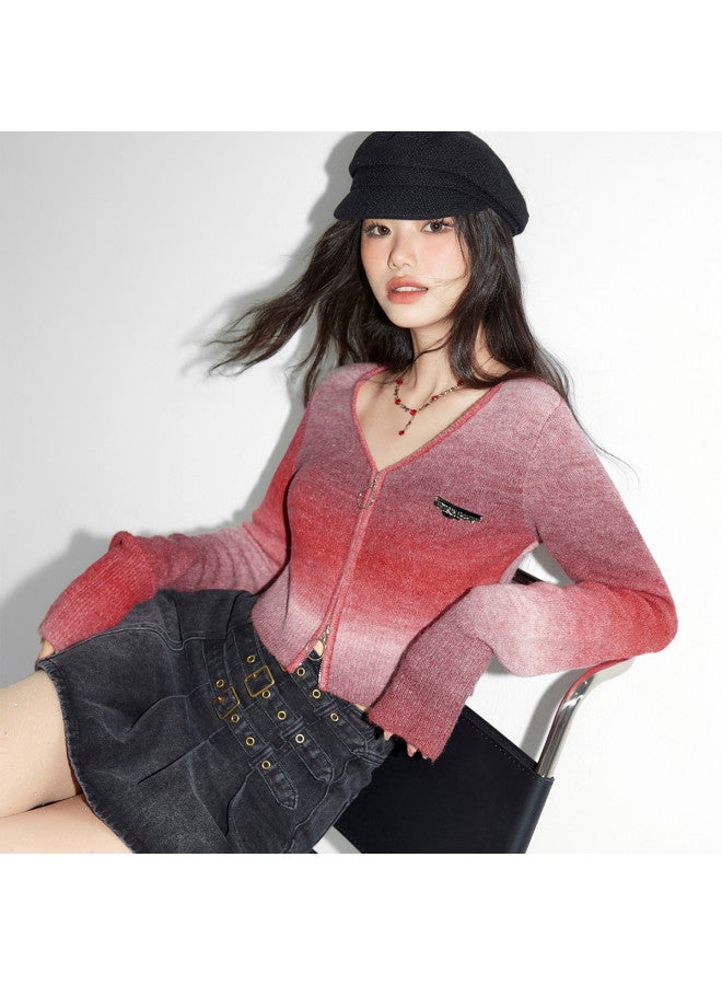 EPTISON Gradient Knit Cardigan Women Autumn Sweet & Spicy Style Vintage Double-Headed Zipper Design Cropped Top - Image 2