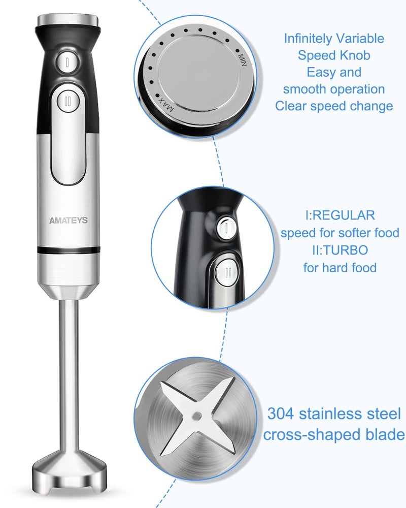Amateys Immersion Blender Handheld,700W Hand Mixer Infinitely Variable Speeds,Multi-function Stainless Steel Stick Electric Kitchen Smoothie Blender with Detachable Whisk, Milk Frother,for Soup Puree - Image 3