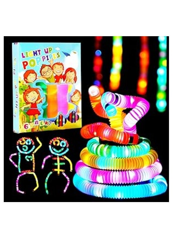 Toy Box 6 Pack Light Up Pop Tubes Fidget Toy Sensory Tubes Toddler Toys LED Pop Glow Sticks Glow in The Dark Party Supplies Party Bag Fillers for Kids  - Image 1