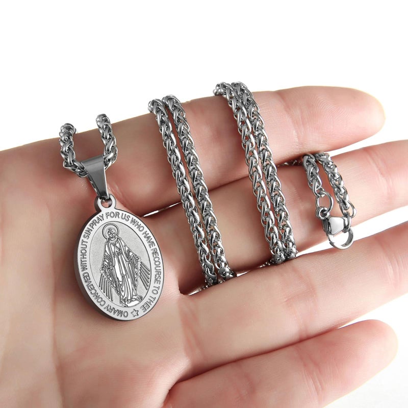 RS Miraculous Medal Virgin Mary Necklace for Men Stainless Steel Religious Christian Baptism Catholic Pendant Chain Teenage First Communion Confirmation Jewelry Gifts Silver - Image 4