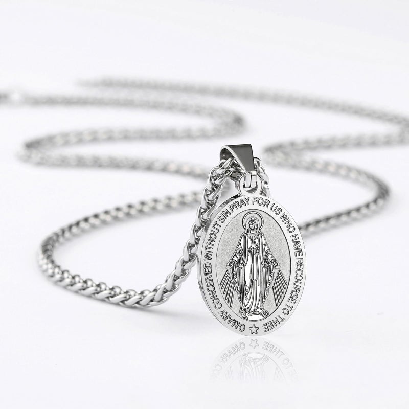 RS Miraculous Medal Virgin Mary Necklace for Men Stainless Steel Religious Christian Baptism Catholic Pendant Chain Teenage First Communion Confirmation Jewelry Gifts Silver - Image 5