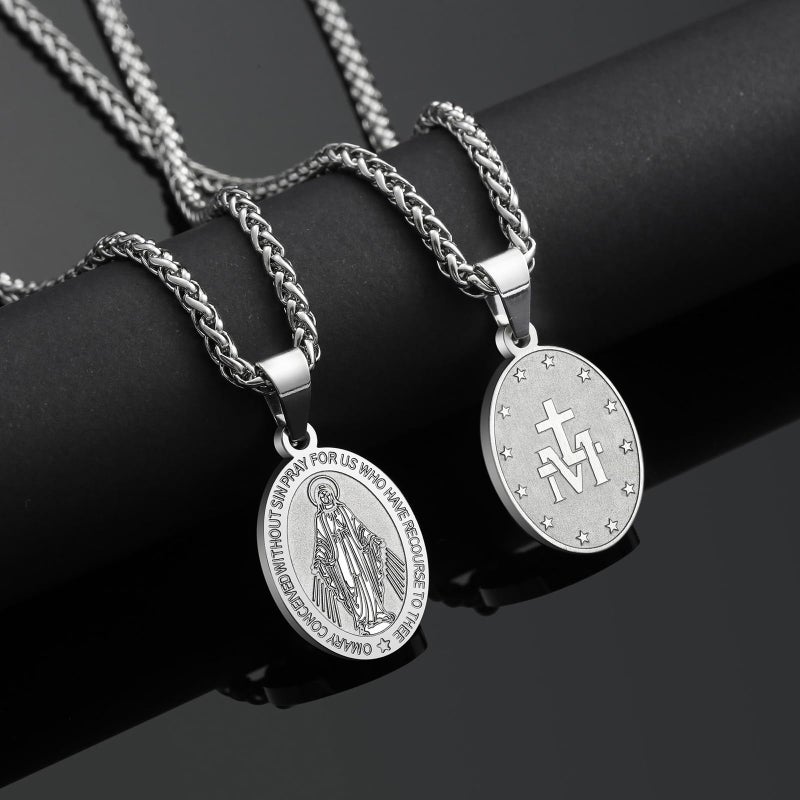 RS Miraculous Medal Virgin Mary Necklace for Men Stainless Steel Religious Christian Baptism Catholic Pendant Chain Teenage First Communion Confirmation Jewelry Gifts Silver - Image 3