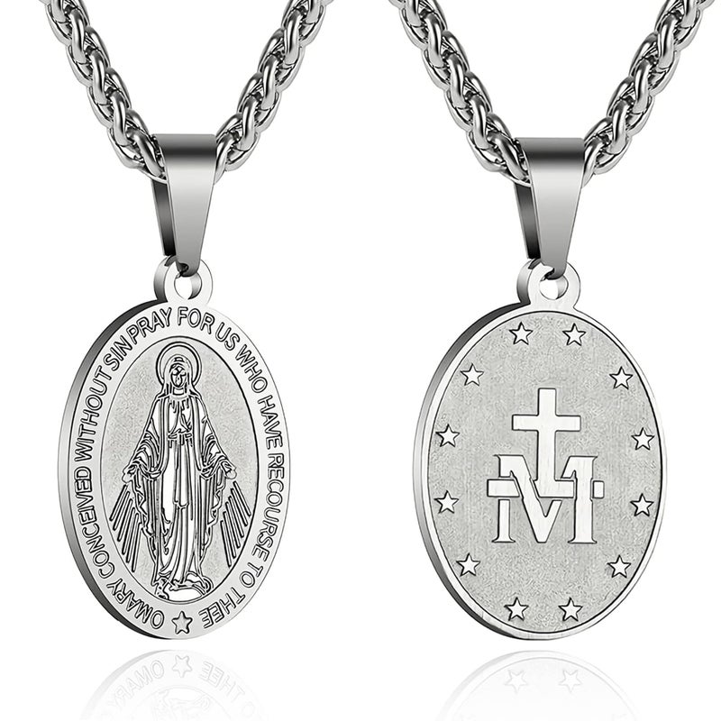 RS Miraculous Medal Virgin Mary Necklace for Men Stainless Steel Religious Christian Baptism Catholic Pendant Chain Teenage First Communion Confirmation Jewelry Gifts Silver - Image 1