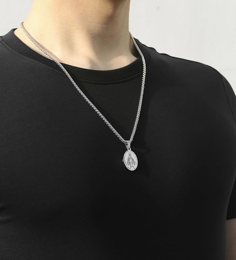 RS Miraculous Medal Virgin Mary Necklace for Men Stainless Steel Religious Christian Baptism Catholic Pendant Chain Teenage First Communion Confirmation Jewelry Gifts Silver - Image 2