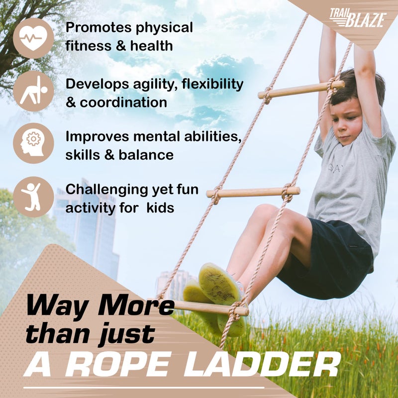 Trailblaze Wooden Rope Ladder for Kids - Playset Ladder for Ninja Warrior Obstacle Course Accessories | Rope Ladder for Treehouse Swing Set Bunk Bed | Playground Ninja Obstacles Swing Hanging Ladder - Image 5