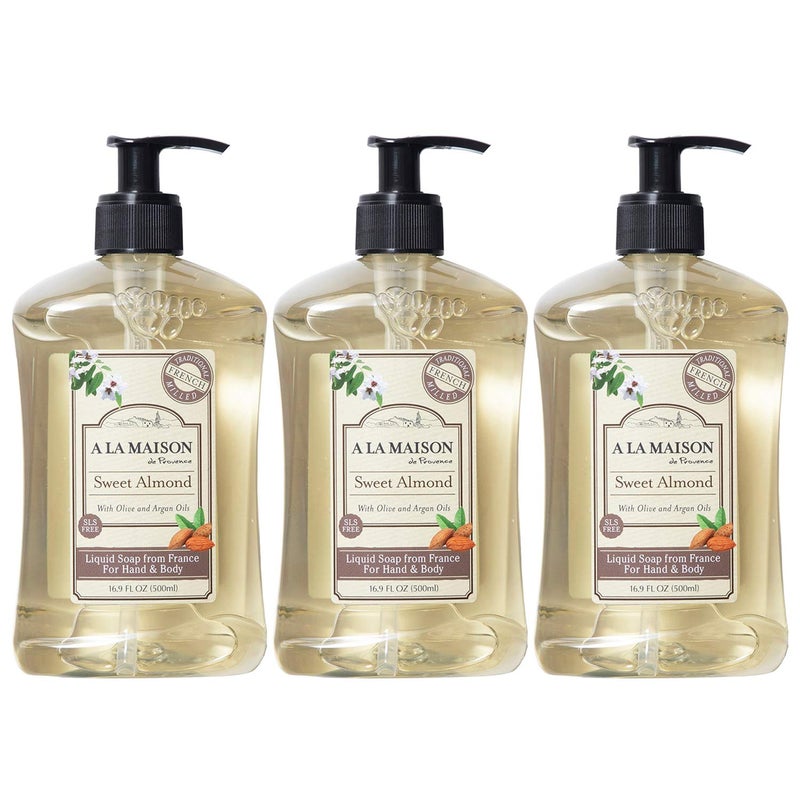 A LA MAISON French Liquid Hand Soap, Almond - Natural Hand Wash Made with Essential Oils - Biodegradable, Plant-Based, Vegan, Cruelty-Free, Alcohol & Paraben Free (16.9 oz, 3 Pack) - Image 1