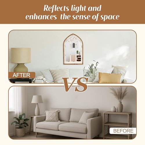 Synovana Arch Window Wall Mirror - Farmhouse Cathedral Wall Decor with Wooden Frame for Entryway Hallway Living Room - 16.14" x 1.38" x 25.2" - Image 3