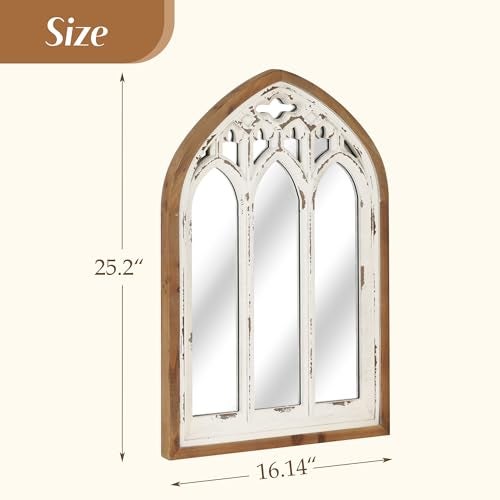 Synovana Arch Window Wall Mirror - Farmhouse Cathedral Wall Decor with Wooden Frame for Entryway Hallway Living Room - 16.14" x 1.38" x 25.2" - Image 2