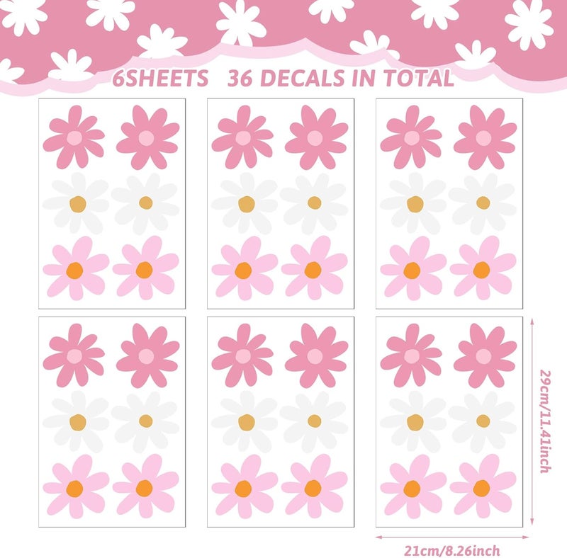 BBTO ملصق حائط زهرة ديزي من بي بي تي أو ملصقات حائط زهرية من الفينيل ملصقات ديزي قابلة للإزالة واللصق للأطفال في غرفة النوم والفن لغرفة المعيشة باللون الوردي والأبيض - Image 2