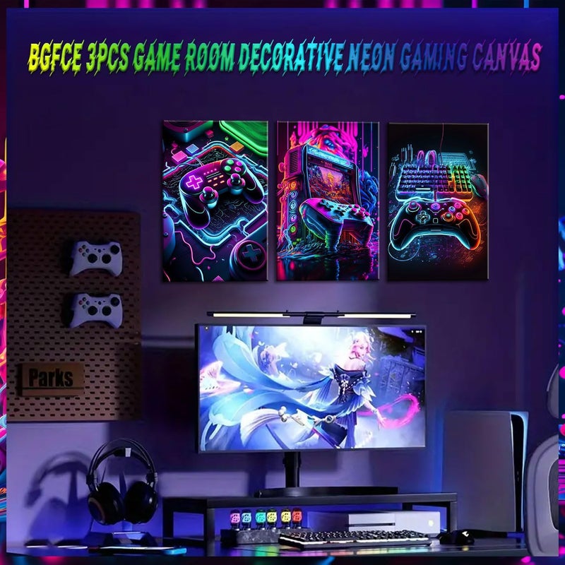 BGFCE مجموعة من 3 لوحات فنية لغرفة الألعاب من BGFCE، بتصميم ألعاب نيون، بموضوع ألعاب فيديو، مطبوعة على قماش، لتزيين الجدران، للأولاد، بأبعاد 16" × 24"، مع إطار. - Image 3