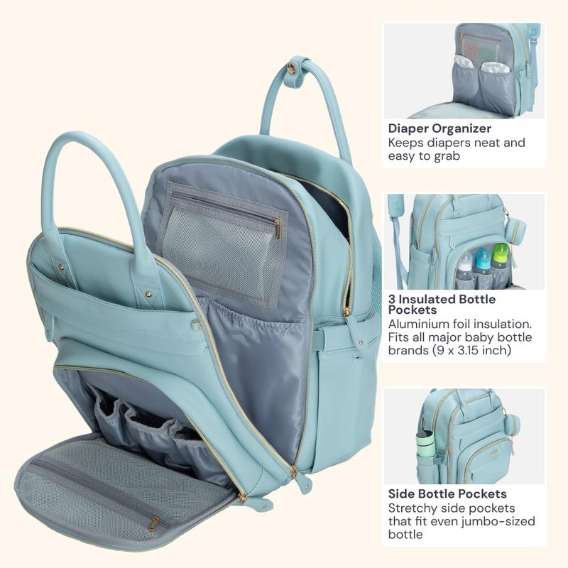 BabbleRoo Leather Diaper Bag Backpack - Baby Essentials Travel Baby Bag, Multi function, Water Resistant, with Changing Pad, Stroller Straps & Pacifier Case â€“ Unisex, Powder Blue - Image 5