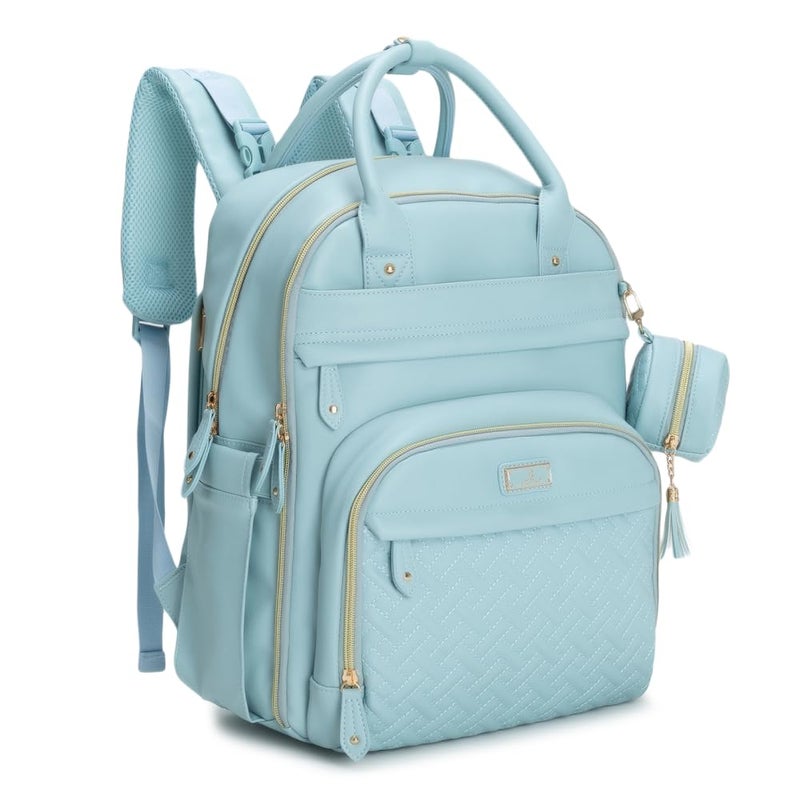 BabbleRoo Leather Diaper Bag Backpack - Baby Essentials Travel Baby Bag, Multi function, Water Resistant, with Changing Pad, Stroller Straps & Pacifier Case â€“ Unisex, Powder Blue - Image 1