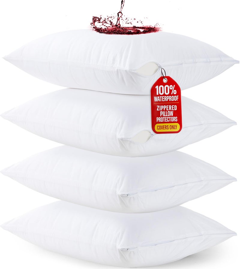 Utopia Bedding Set of 4 Waterproof Pillow Protectors with Zipper Standard Size White Ultra Soft Pillow Covers Bed Bug and Dust Mite Proof Pillow Encasements Moisture Wicking Pillow Cases