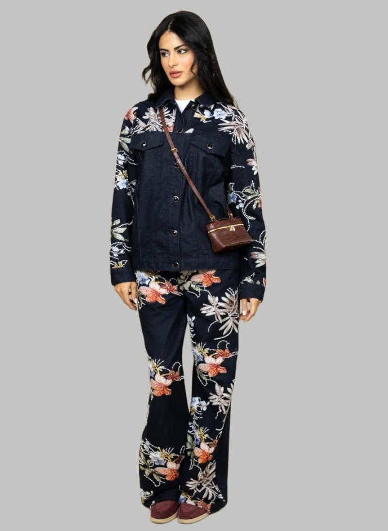 Navy Blue Floral Embroidered Flared Denim Pants
