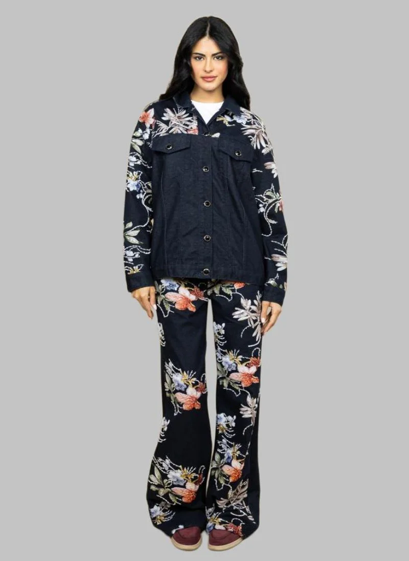 Bond  Navy Blue Floral Embroidered Flared Denim Pants for Women | Best Price UAE