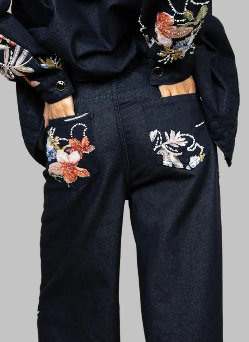 Bond  Navy Blue Floral Embroidered Flared Denim Pants for Women | Best Price UAE