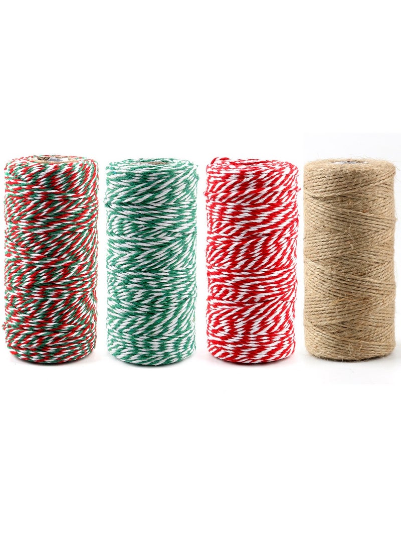 MileMelo 4 Rolls Premium Jute Twine for Gift Wrapping - Natural Cotton Rope for Crafts, Gardening & Home Decor (70m/Roll) - Festive Green/Red/White Colors - Image 1