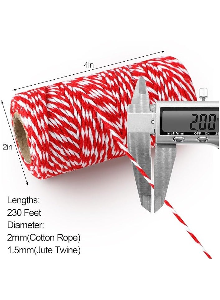 MileMelo 4 Rolls Premium Jute Twine for Gift Wrapping - Natural Cotton Rope for Crafts, Gardening & Home Decor (70m/Roll) - Festive Green/Red/White Colors - Image 2