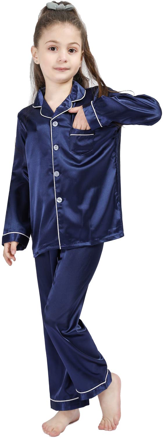 OEIU Kid Silky Satin Pajamas Set for Girls Boys pj Set Sleepwear Button-up Lounge Sets Nightwear Navy Blue 140 - Image 5