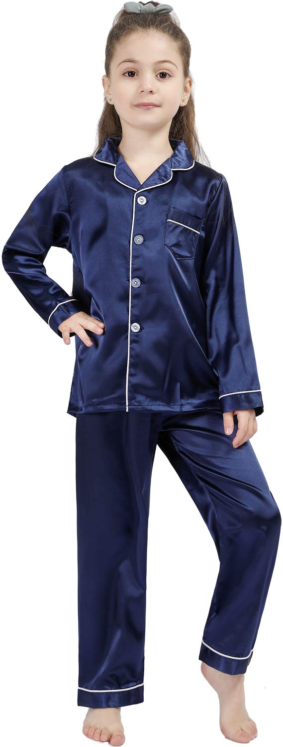 OEIU Kid Silky Satin Pajamas Set for Girls Boys pj Set Sleepwear Button-up Lounge Sets Nightwear Navy Blue 140 - Image 3