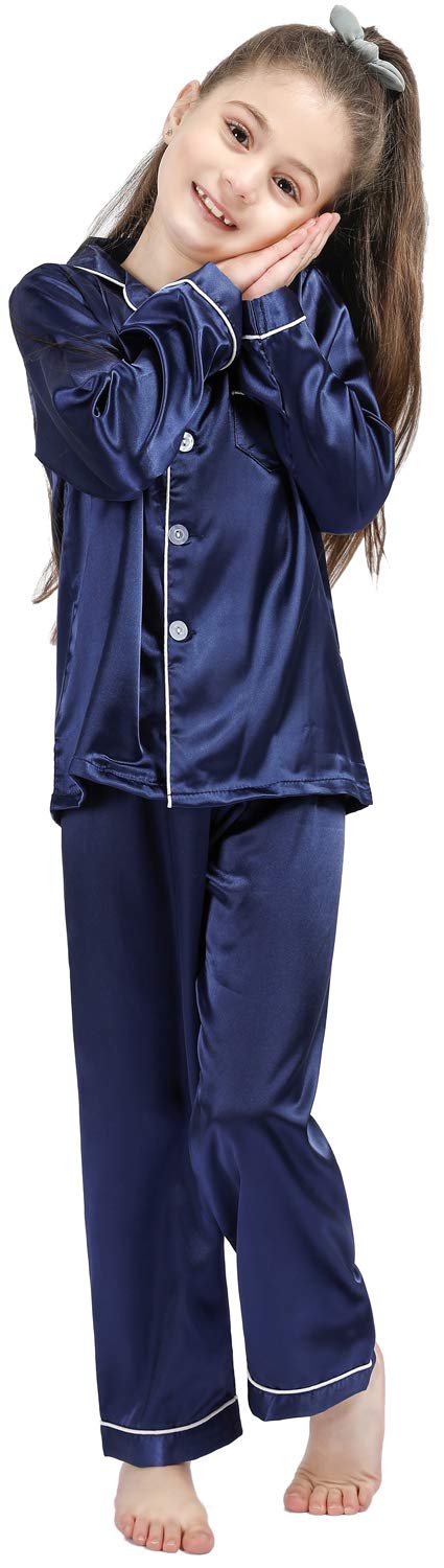 OEIU Kid Silky Satin Pajamas Set for Girls Boys pj Set Sleepwear Button-up Lounge Sets Nightwear Navy Blue 140 - Image 4