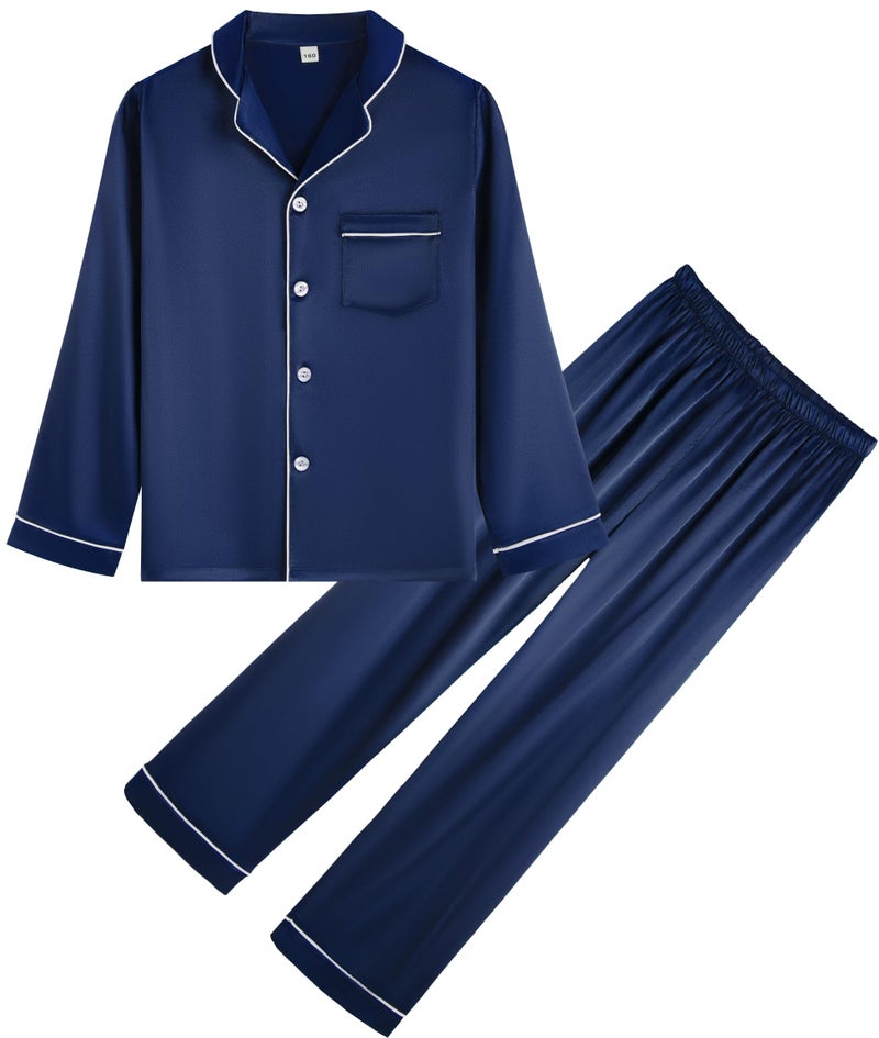 OEIU Kid Silky Satin Pajamas Set for Girls Boys pj Set Sleepwear Button-up Lounge Sets Nightwear Navy Blue 140 - Image 1