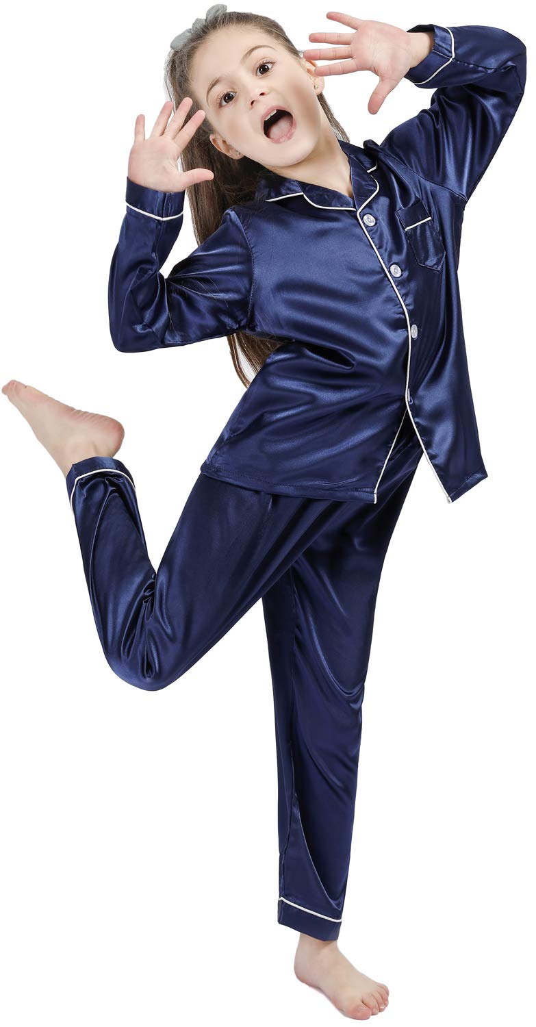 OEIU Kid Silky Satin Pajamas Set for Girls Boys pj Set Sleepwear Button-up Lounge Sets Nightwear Navy Blue 140 - Image 2