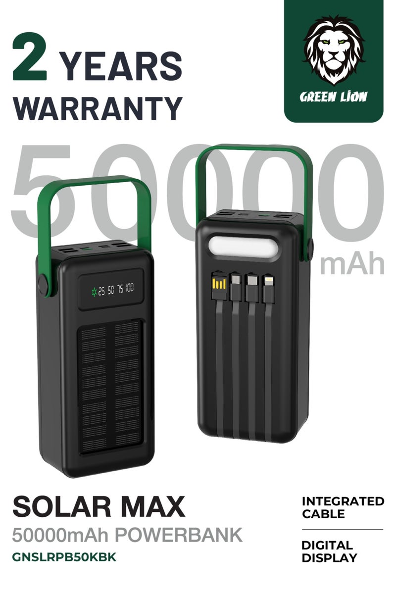 GREEN LION 50000 mAh Solar Max Power Bank with Integrated Cables / Always on Display / 4 USB-A Ports Powerbank 50000mAh / Type-C/Lightening/Micro Cable Output / USB-C/Lightening/Micro/USB Cable Input/ Polymer Battery - Black - Image 1