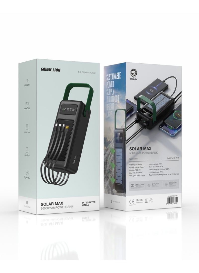 GREEN LION - 50000 mAh Solar Max Power Bank 50000mAh with Integrated Cables / Always on Display / 4 USB-A Ports Powerbank / Type-C/Lightening/Micro Cable Output / USB-C/Lightening/Micro/USB Cable Input/ Polymer Battery - Black - Image 1