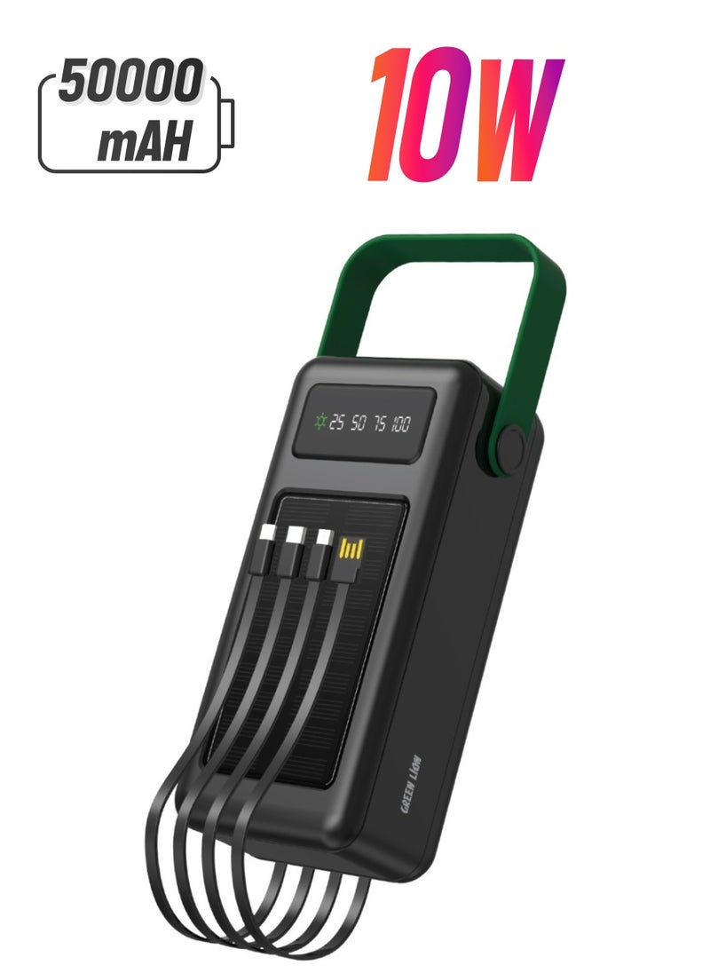 GREEN LION - 50000 mAh Solar Max Power Bank 50000mAh with Integrated Cables / Always on Display / 4 USB-A Ports Powerbank / Type-C/Lightening/Micro Cable Output / USB-C/Lightening/Micro/USB Cable Input/ Polymer Battery - Black - Image 1