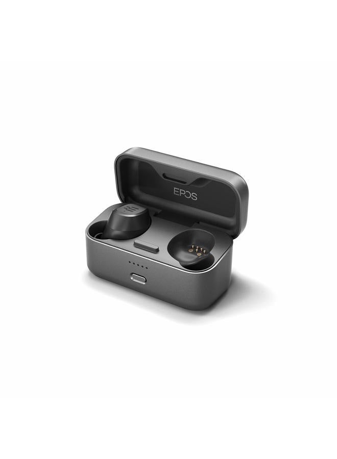EPOS GTW 270 Wireless Gaming Earbuds, Bluetooth, Noise Reducing Closed Design, Dual Mics, Ergonomic Fit, IPX 5 Water Resistant, Portable Charging Case, 20 Hours of Playtime,Black/Silver/Grey - Image 5