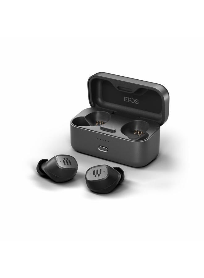 EPOS GTW 270 Wireless Gaming Earbuds, Bluetooth, Noise Reducing Closed Design, Dual Mics, Ergonomic Fit, IPX 5 Water Resistant, Portable Charging Case, 20 Hours of Playtime,Black/Silver/Grey - Image 1