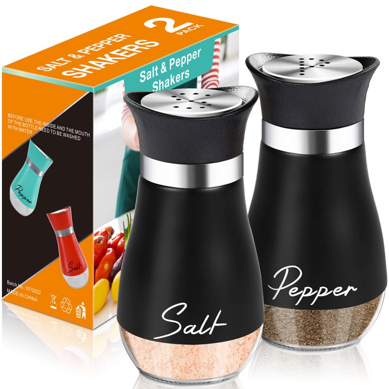 Salt and Pepper Shakers Set4 oz Glass Bottom Salt Pepper Shaker with Stainless Steel Lid for Kitchen Gadgets Cooking Table RV CampBBQ Refillable Design Black