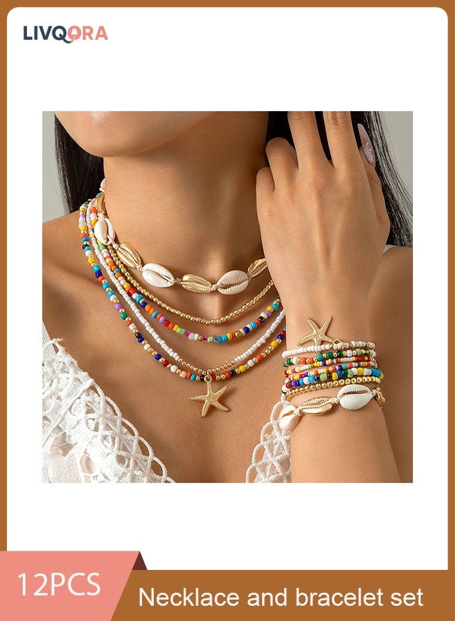 LIVQORA 12-Piece Bohemian Beaded Necklace and Bracelet Set – Adjustable Rice Bead Shell and Star Jewelry for Women and Girls, Beach Party Gift - Image 1