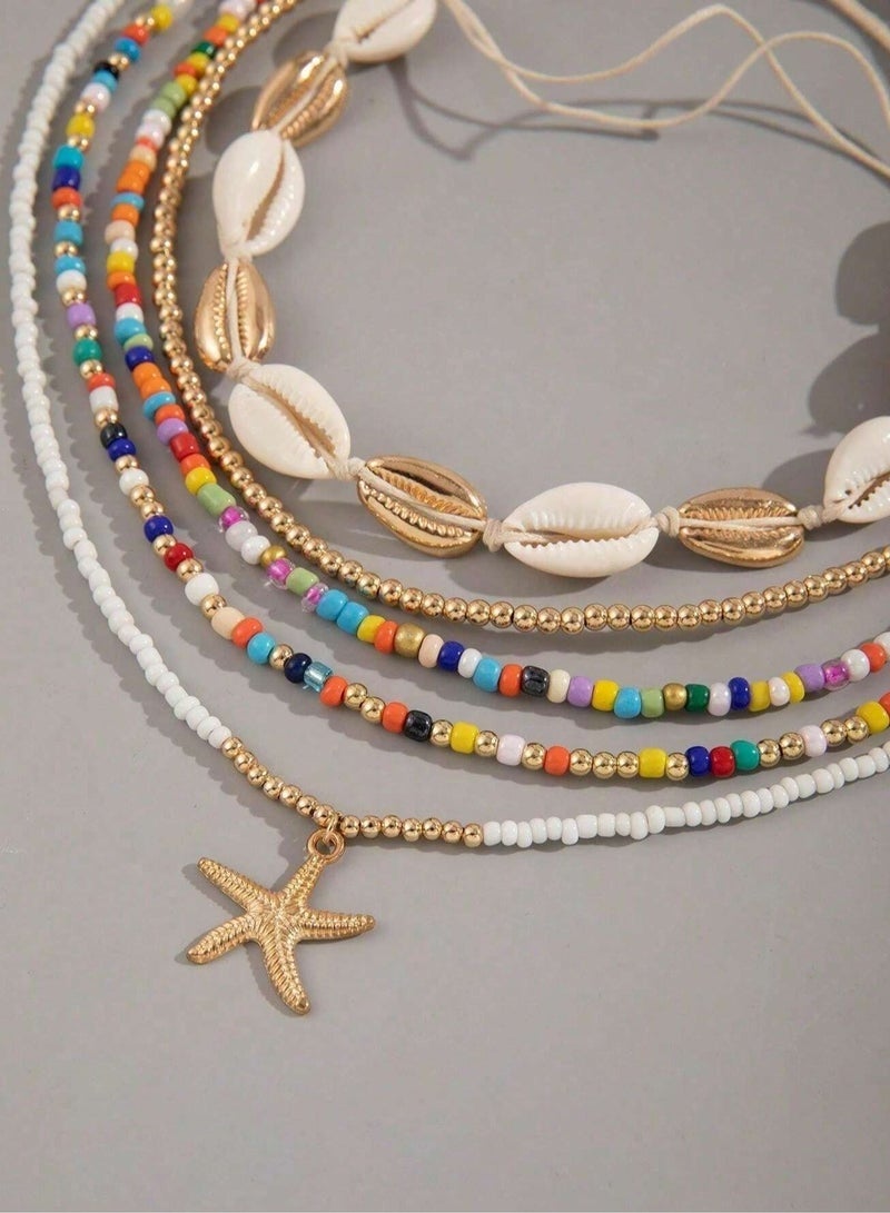 LIVQORA 12-Piece Bohemian Beaded Necklace and Bracelet Set – Adjustable Rice Bead Shell and Star Jewelry for Women and Girls, Beach Party Gift - Image 4