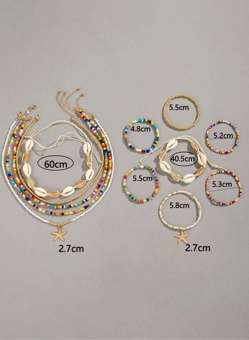 LIVQORA 12-Piece Bohemian Beaded Necklace and Bracelet Set – Adjustable Rice Bead Shell and Star Jewelry for Women and Girls, Beach Party Gift - Image 3