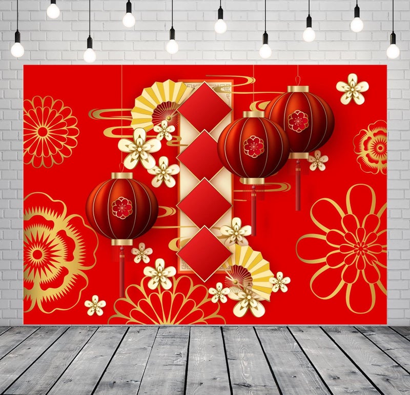 BELECO Chinese New Year Backdrop - 7x5ft Red Lanterns Flowers Asian Spring Festival Decorations Party Banner Photo Booth Studio Props - Image 2